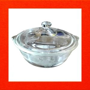 Vintage GlassBake Pyrex Poppy Pattern Clear Round Casserole Dish With Lid